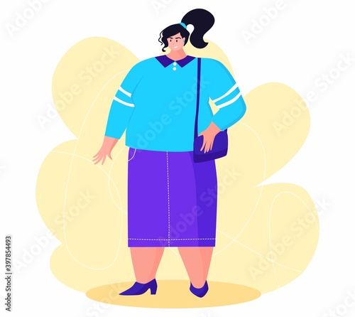 A young obese woman in fashion cloth. A girl wants to get rid of belly fat.
