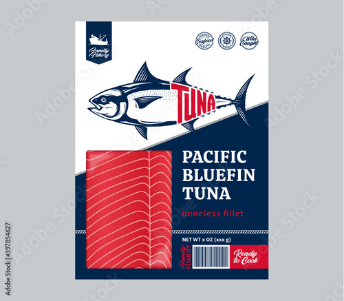 Vector flat style tuna packaging design concept. Tuna fillet in a package isolated on a white background