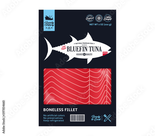 Vector tuna packaging design. Flat style seafood label. Raw tuna fillet in a package isolated on a white background