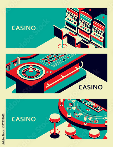 Set of casino banners. Roulette table, slot machine and black jack