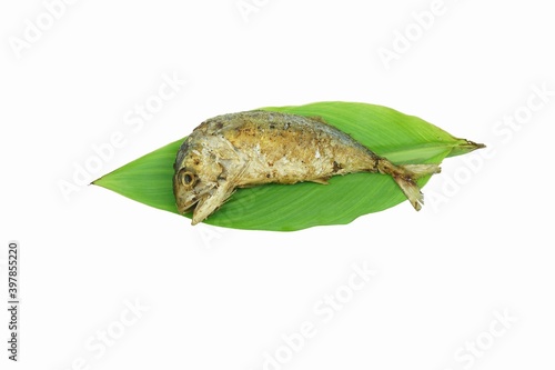 A fried mackerel on the green leaves.