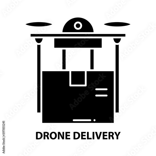 drone delivery icon, black vector sign with editable strokes, concept illustration