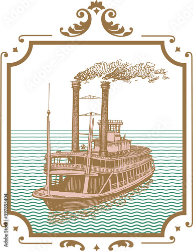 vector image of old steamer misishippi in vintage postcard style