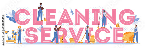 Cleaning service concept with cleaners team in uniform. Janitor staff with professional equipment working together. Vector flat isolated illustration.