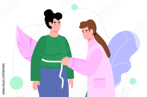 Nutritionist doctor taking measures of patient for weight control records, cartoon vector illustration isolated on white background. Healthy nutrition and weight loss.