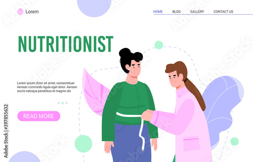 Webpage mockup for nutritionist or dietitian with characters of doctor and patient, cartoon vector illustration. Website or landing page template for nutritionist.