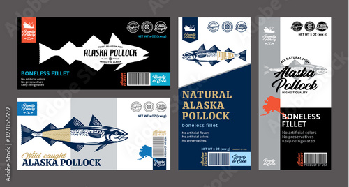 Vector pollock labels and packaging design concepts. Alaska pollock fish illustrations. Flat style seafood labels for groceries, fisheries, packaging, and advertising