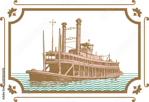 vector image of old steamer misishippi in vintage postcard style