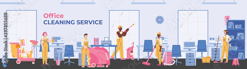 Horizontal banner with working team of janitors from cleaning service. Male and female cleaners in uniform with professional equipment cleans in office. Vector illustration.