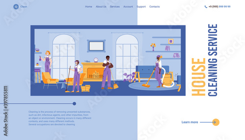 House cleaning service web banner with scene of staff of cleaners and janitors working in apartments, flat cartoon vector illustration. Landing page for cleaning company.