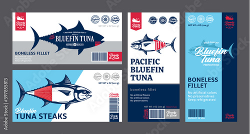 Vector pollock labels and packaging design concepts. Alaska pollock fish illustrations. Flat style seafood labels for groceries, fisheries, packaging, and advertising