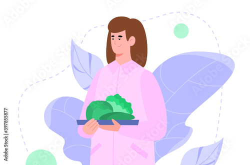 Woman cartoon character holding plate with green vegetables, flat cartoon vector illustration isolated on white background. Dieting and healthy eating concept.