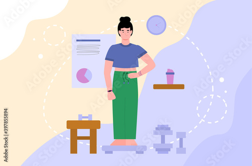 Woman cartoon character checking her weight loss results on scales, flat vector illustration. Banner background for nutritionist or dietician service.