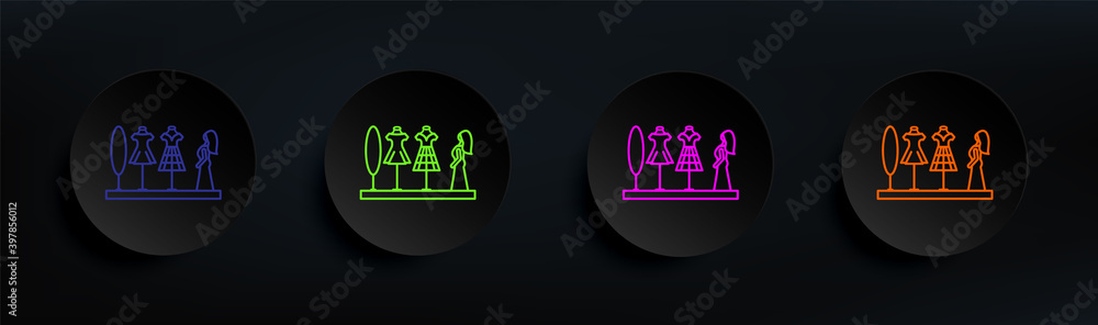 clothing on mannequins dark badge color set. Simple thin line, outline vector of mall shopping center icons for ui and ux, website or mobile application