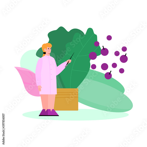 Doctor nutritionist female cartoon character standing at backdrop of green vegetables leaves, flat vector illustration isolated on white background. Emblem for dietician.