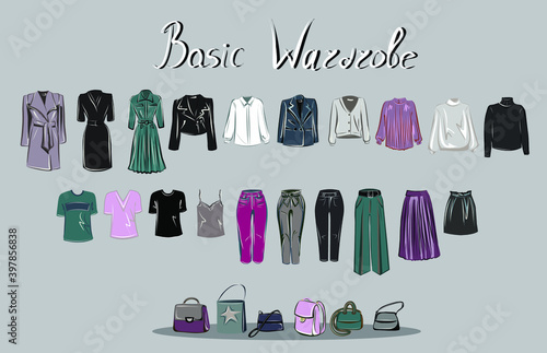 A basic wardrobe. Clothing and bags for each day. A set of matching the color of things. Dresses  jeans  coats  cardigan  backpack  handbag. Vector isolated image.