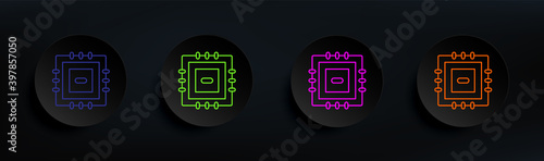 microprocessor dark badge color set. Simple thin line, outline vector of manufacturing icons for ui and ux, website or mobile application