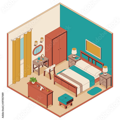 Bedroom in isometric style. Bed, furniture and lamps