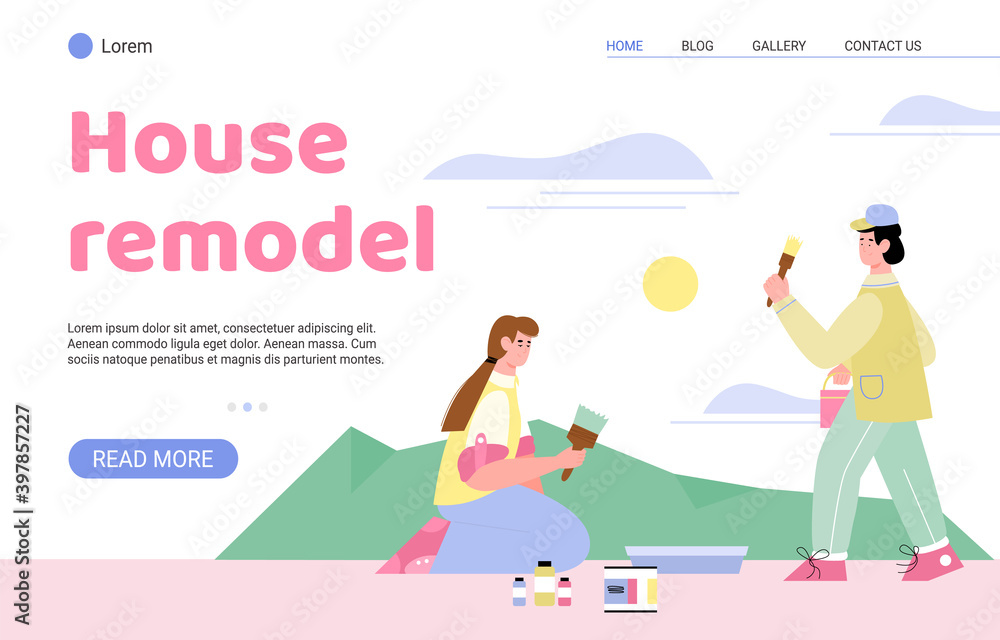 Fototapeta premium House remodel website page template with craftsmen or painters renovating home interior, flat vector cartoon illustration. Home renovation and renewal services website.