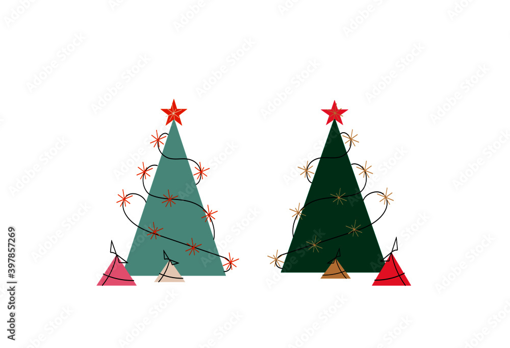 Christmas trees with gifts, stars, garlands and lights