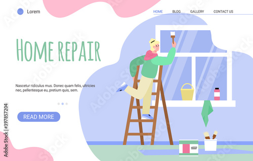 Landing page template with woman painter performing paint walls indoors. Work for home repair, remodel or renovation. Vector flat illustration.