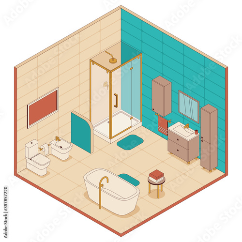 Bathroom in isometric style. Shower cabin, bath and toilet