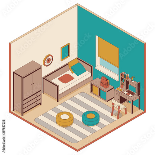 Bedroom for kids in isometric style. Couch, furniture and desk