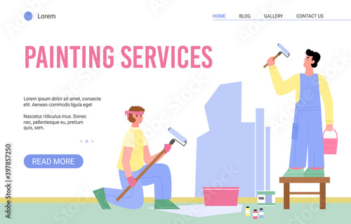 Painting services web page design with cartoon characters of working craftsmen, flat vector illustration. Works of house remodel and renovation interior.