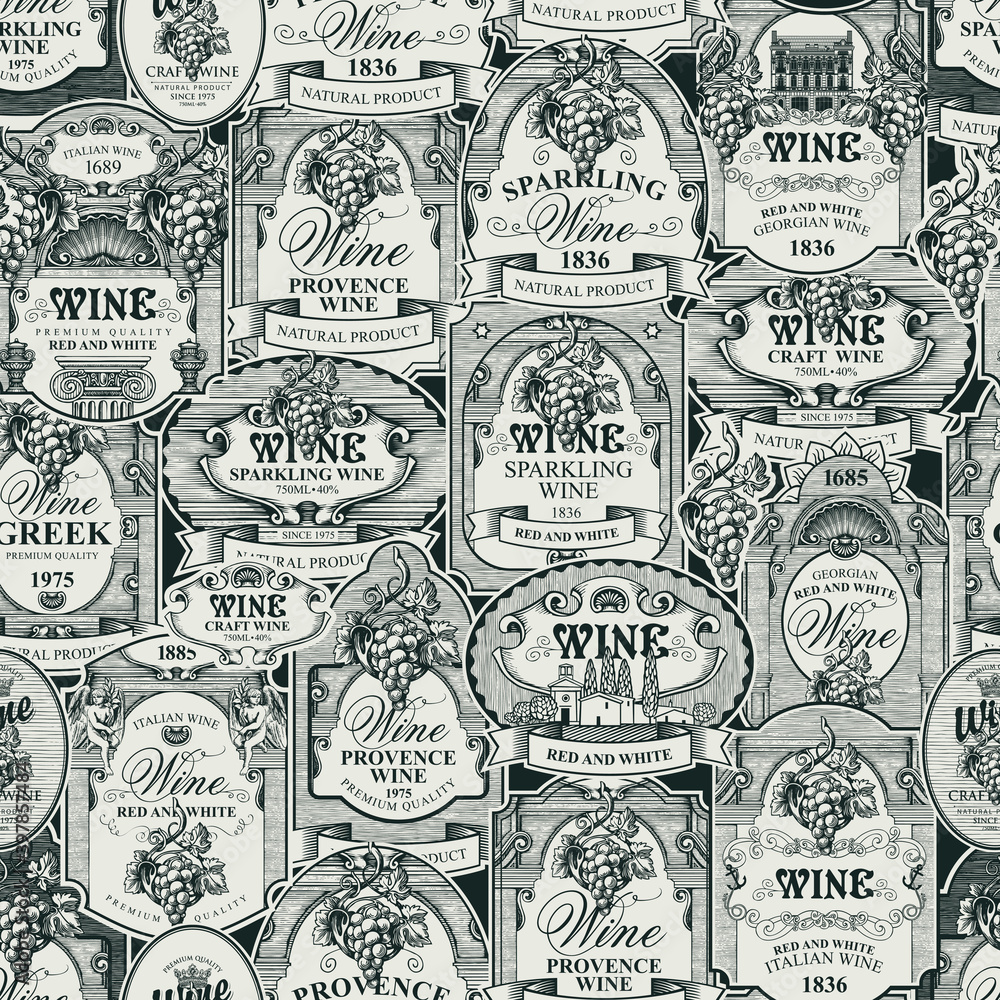 Seamless pattern with ornate hand-drawn wine labels in baroque style. Monochrome vector background on the theme of wine and winery. Suitable for vintage Wallpaper, wrapping paper, fabric