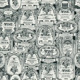 Seamless pattern with ornate hand-drawn wine labels in baroque style. Monochrome vector background on the theme of wine and winery. Suitable for vintage Wallpaper, wrapping paper, fabric