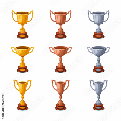 Gold, silver and Bronze trophy cups. Trophy award cups set with different shapes - 1st, 2nd and 3rd place winner trophies. Flat style vector illustration.