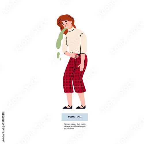 Cartoon female vomiting - sick woman with nausea and vomit symptoms standing with hand to the stomach isolated on white background. Vector illustration.