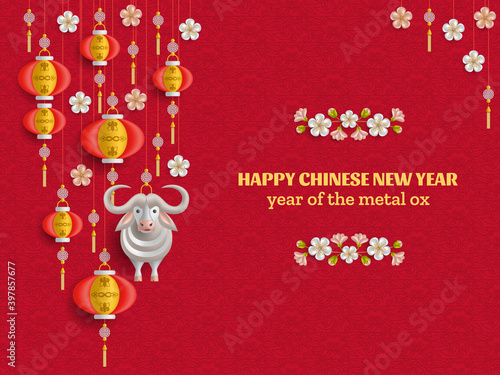 Happy Chinese New Year background with creative white metal ox, hanging lanterns