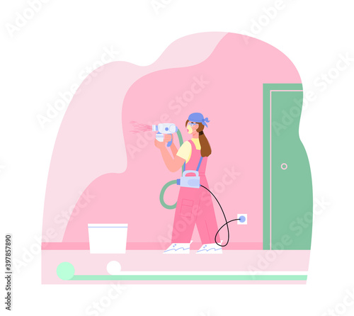 Woman cartoon character painting walls in premises with spray gun, flat cartoon vector illustration isolated on white background. Painting and coloring works banner.