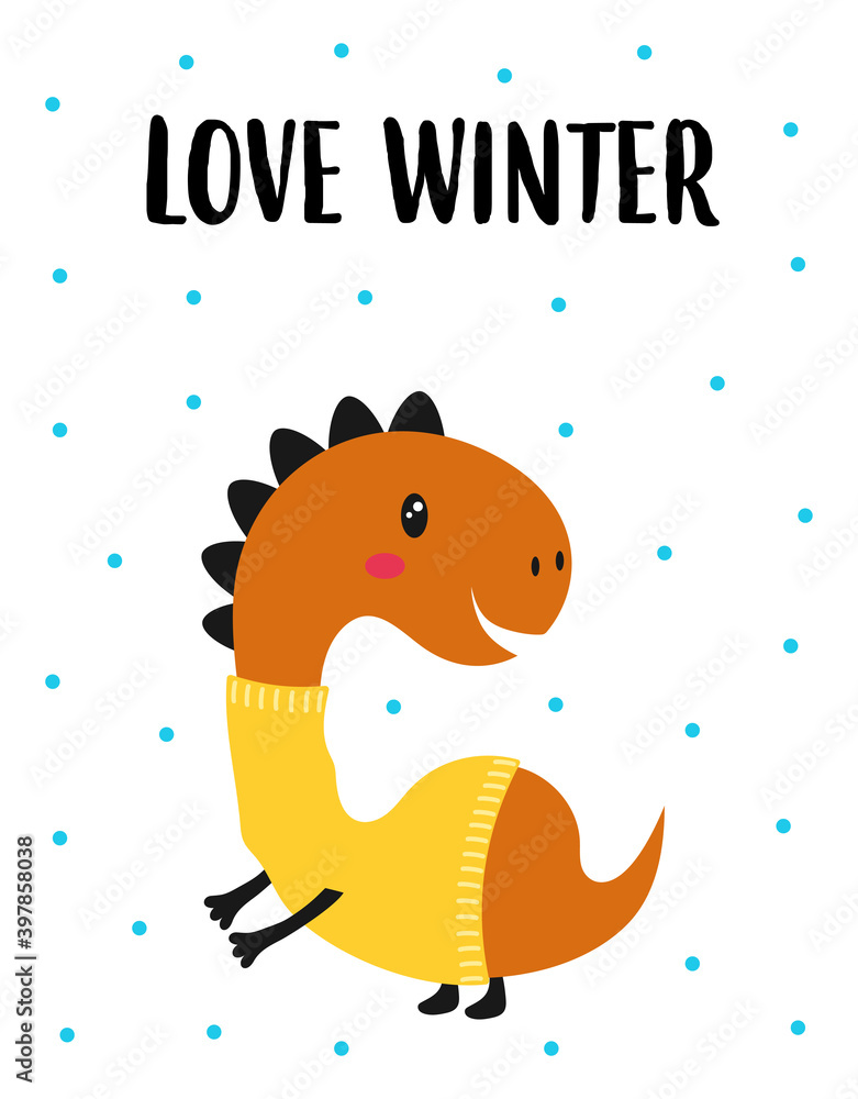winter card with adorable dinosaur, vector illustration winter card with adorable dinosaur, vector illustration