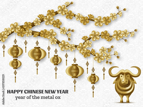 Happy Chinese New Year background with creative golden metal ox, sakura branches, hanging lanterns