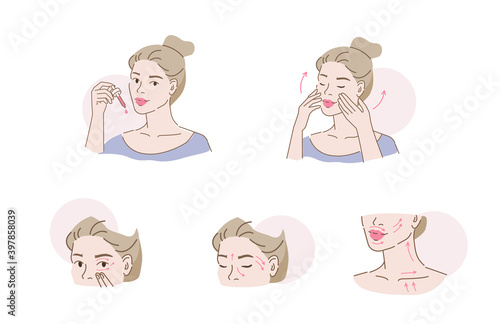 Beauty Girl Take Care of her Face and Applying Cosmetic Serum Oil. Woman Making Facial Massage by Lines. Skin Care Routine, Hygiene and Moisturizing Concept. Flat Vector Illustration and Icons set.
