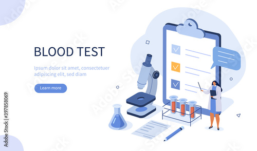 Doctor Scientist in Medical Laboratory Analyzing Blood Samples. Blood Test and Laboratory Research Concept. Flat Isometric Vector Illustration.