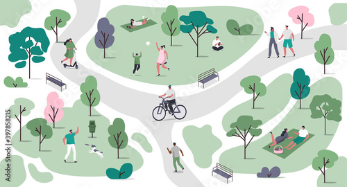 People Characters Walking in Urban Park. Men and Women relaxing in Nature, making Sport, walking with Dog and doing other  Outdoor Leisure Activity. Flat Cartoon Vector Illustration.
