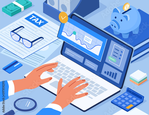 Financial Consultant  Hands typing on Laptop. Accountant Analyzing  Data and Documents for Tax Calculation and Preparing Financial Tax Report.  Accounting Concept. Flat Isometric Vector Illustration. photo