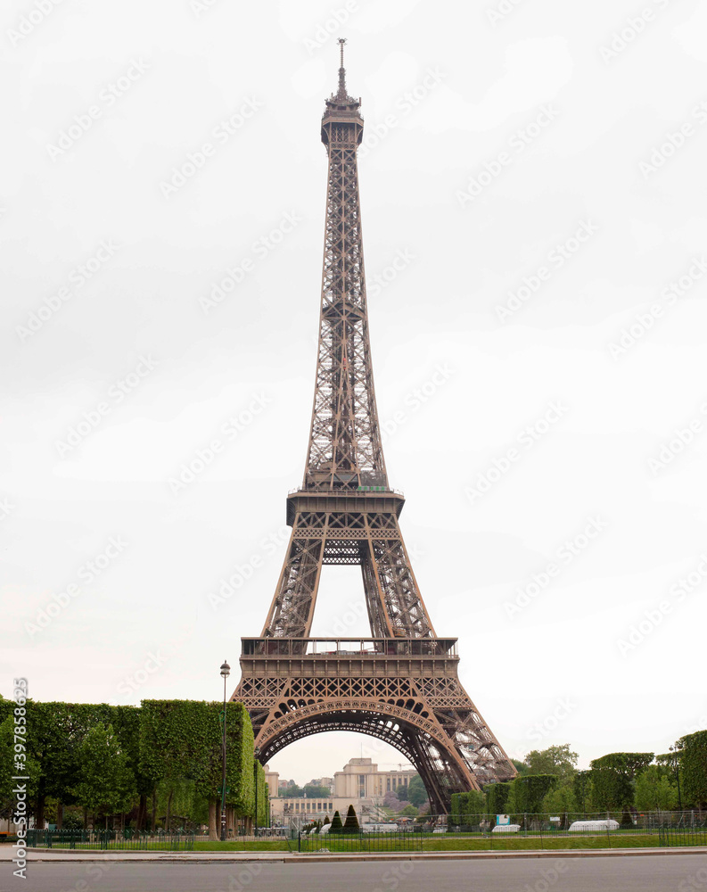Paris. Eiffel Tower in the morning in cloudy weather