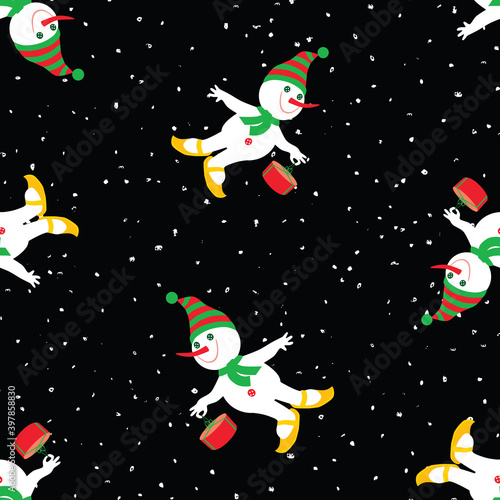 Seamless pattern of cartoon cheerful snowman with gift