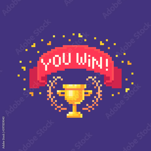 Pixel art GUI sign with red ribbon and gold cup.
