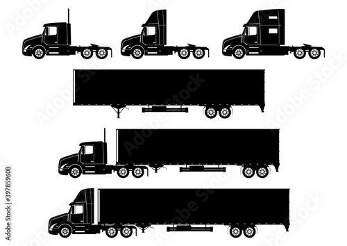 Truck icon. Set of modern semi truck silhouettes. Side view. Flat vector.