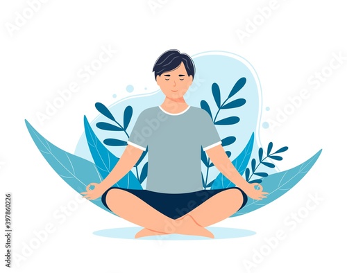 Man meditating in nature and leaves. Male character is sitting in the lotus position. Concept meditation, relax, recreation, healthy lifestyle. Young man is engaged in yoga.
