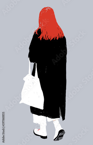  Vector drawing of casual redheaded modern city girl walking along street
