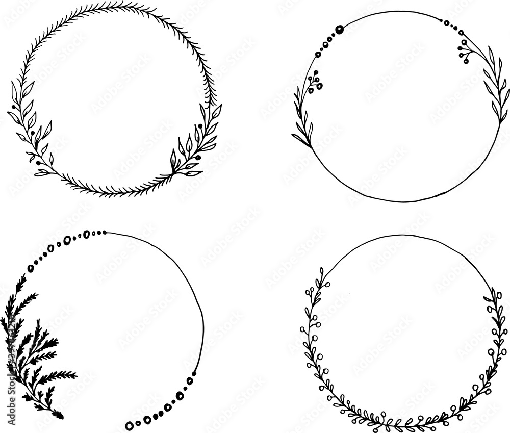 Fototapeta premium set of frames. Botanical Christmas frames. For the design of cards, invitations. Round Christmas frames in a linear style. Hand drawing