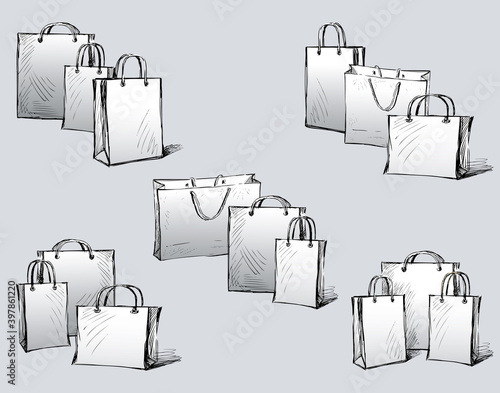 Vector image of sketches various paper bags for purchases