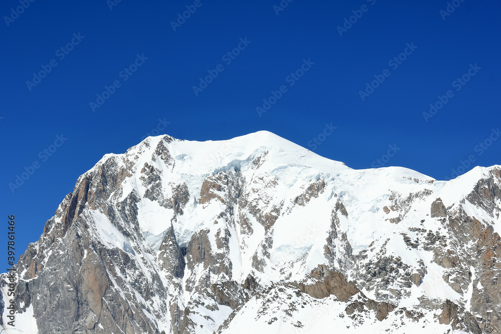 Landscape over the summit of mountain Mont Blanc, White Mount, in the Alps, from Italy