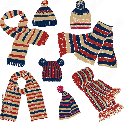 Vector image of various drawn knitted scarfs and hats for cold season